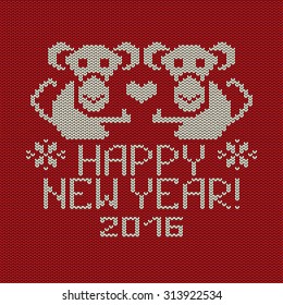 Knitted pattern card with funny monkey. Chinese zodiac symbol of New Year 2016.
