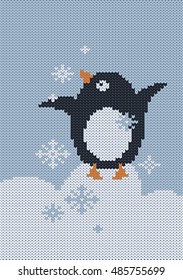 Knitted pattern with cartoon penguin and snowflakes. Vector 10 EPS illustration.