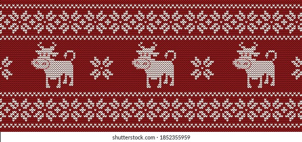Knitted pattern with cute bulls. Ornament  in red and white colors. Seamless border. It can be used as a background to the New Year 2021. Year of the Ox. Vector illustration