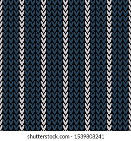 Knitted pattern in dark blue and grey with simple vertical stripes. Seamless knit texture for winter scarf, hat, top, socks, or other modern casual textile design.