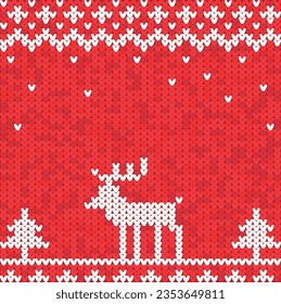 Knitted pattern with deer and Christmas trees on a red background