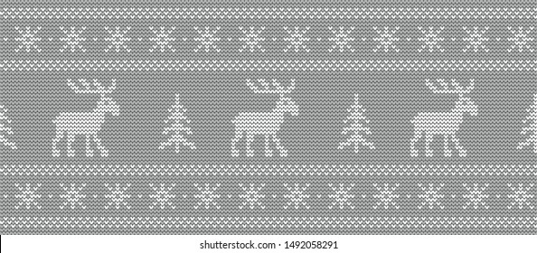 Knitted pattern with deers and fir trees on a gray background. Christmas background. Ornament. Seamless border. Vector illustration