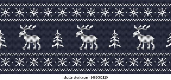 Knitted pattern with deers and fir trees on a dark blue background. Christmas background. Ornament. Seamless border. Vector illustration