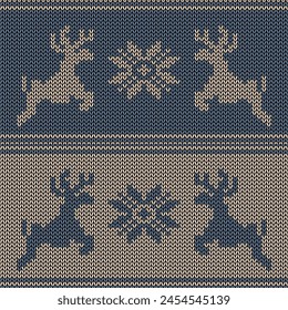 Knitted pattern with deers handmade print christmas new year season background textile 