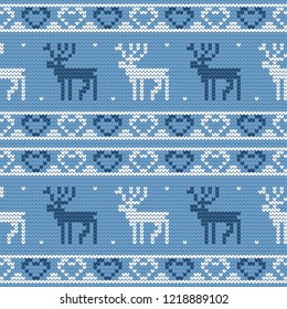 Knitted pattern with deers on a blue background. Decorative seamless illustration with imitation knitting. Vector image.