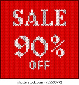 Knitted pattern of discount rate. Sale off ninety percent. Texture in Scandinavian style with white numerals. Label for price tags in online and offline stores, on ads on websites and social media.
