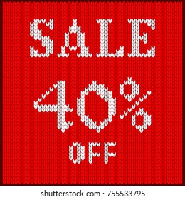 Knitted pattern of discount rate. Sale off forty percent. Texture in Scandinavian style with white numerals. Label for price tags in online and offline stores, on ads on websites and social media.