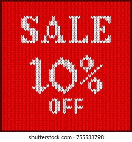 Knitted pattern of discount rate. Sale off ten percent. Texture in Scandinavian style with white numerals. Label for price tags in online and offline stores, on ads on websites and social media.
