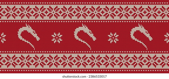 Knitted pattern with dragons. Ornament in red and white colors. Seamless border. It can be used as a background to the New Year 2024. Year of the Dragon. Vector illustration.