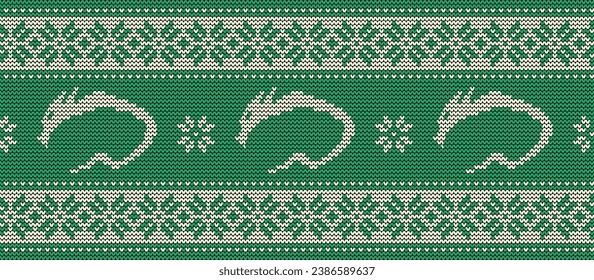 Knitted pattern with dragons. Seamless border. Ornament  in green and white colors. It can be used as a background to the New Year 2024. Year of the Green Wood Dragon. Vector illustration.