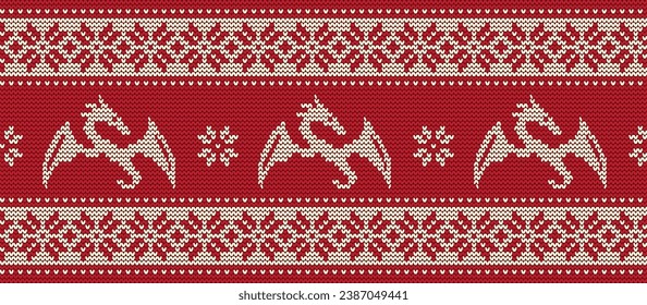 Knitted pattern with dragons. Seamless border. Ornament in red and white colors.  It can be used as a background to the New Year 2024. Year of the Dragon. Vector illustration.
