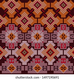 Knitted pattern of ethnic figures. Oriental motives. Pattern for hand knitting. Orange coffee shapes on a dark background.