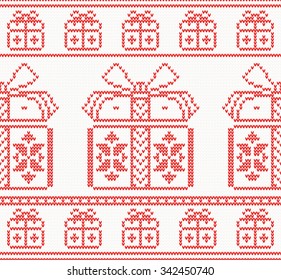 Knitted pattern with gift boxes. Vector illustration. Seamless pattern in red color. Christmas holiday concept for paper, fabric or web site. New year invitation card