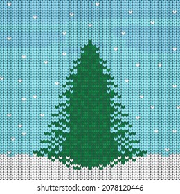 Knitted pattern green Christmas tree in the snow against a blue sky. Christmas, New Year. Vector illustration