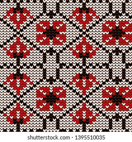 Knitted pattern, handmade Ukraine ethnic pattern for design. Red and black vector border illustration on white background. Ukrainian traditional national decor decoration.