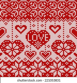 Knitted pattern with hearts. Northern style. Decorative border. Creative vector illustration. 