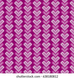 Knitted Pattern with Hearts. Seamless Knitting Wool Texture Background