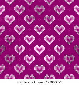 Knitted Pattern with Hearts. Seamless Vector Background