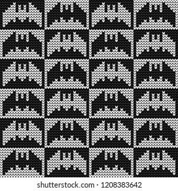 Knitted pattern for the holiday Halloween. Staggered black and white bats, on a black and a white background. For kids. For decoration, fabrics, packaging, wallpaper, postcards.
