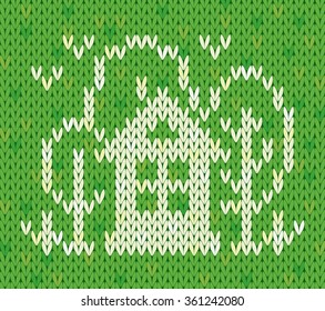 Knitted pattern with house and trees. EPS8