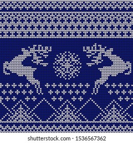 Knitted pattern with the image of deers and stars. Blue and white drawing. Imitation of knitted fabric. Christmas pattern. New Year pattern. Suitable for knitted clothes.