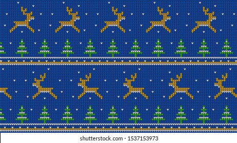 Knitted pattern with jumping deer and Christmas trees. Knit nordic ornament with reindeer and fir. Vector illustration.