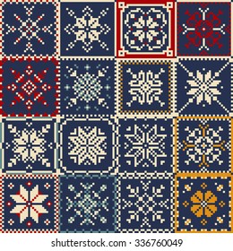 Knitted pattern, knitting, patchwork, knitting pattern patchwork, knitting scheme knitted squares. Set patchwork knitted with a New Year's snowflake motif. Christmas background.