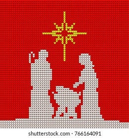 Knitted pattern. Mary, Joseph and the little Jesus. Christmas scene of the birth of Christ. Star of Bethlehem.