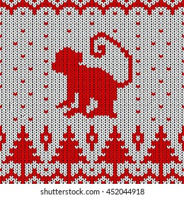 Knitted pattern with Monkey. Seamless. Symbol of 2016 on the Chinese calendar. Silhouette of red Monkey. Vector illustration for winter holiday.