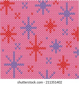 knitted pattern multicolored snowflakes stars on a pink background