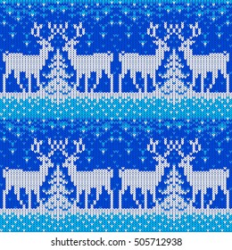 Knitted pattern. New Year. Christmas. New Year.  Deer in the snow around the Christmas tree
