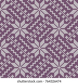 Knitted pattern on a purple background. Ornament. Seamless sample. It can be used as a background. Vector illustration.