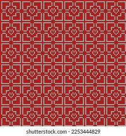 Knitted pattern on a red background. Ornament. Seamless border with hearts. It can be used as a winter background or a background for Valentine's Day. Vector illustration.