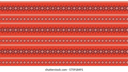 Knitted pattern on red background. Colorful  striped texture. Vector illustration be used as scheme of knitting, wallpaper, design element, independent project, etc. Horizontal location. 
