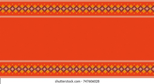 Knitted pattern on red background with place for text. Colorful striped texture. Vector illustration be used as scheme of knitting, wallpaper, design element, independent project, etc. Horizontal.