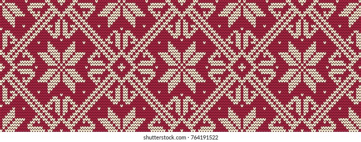 Knitted pattern on a red background. Ornament. Border. Seamless sample. It can be used as a background. Vector illustration.