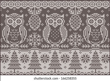 Knitted pattern with owls. Fashionable northern pattern. Vector creative illustration with winter birds.