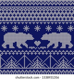 Knitted pattern with a pair of polar bears. Blue and white pattern. North. Heart. The print is suitable for knitted clothes and home decoration.