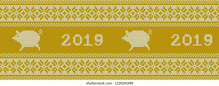 Knitted pattern with pigs in yellow and white colors. Ornament. Border. Seamless sample. It can be used as a background to the New Year 2019 yellow pig. Vector illustration