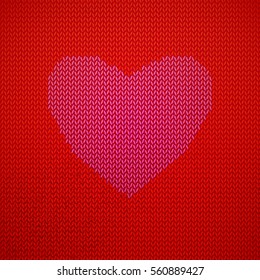 Knitted pattern with pink heart. Abstract vector background. Seasonal design. Love symbol on textile background