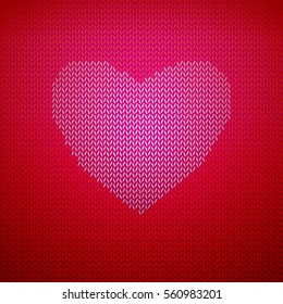 Knitted pattern with pink heart. Abstract vector background. Seasonal design. Love symbol on textile background