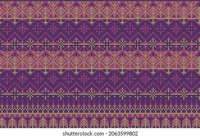 Knitted pattern in pink and lilac colors. Elegant seamless vector background.