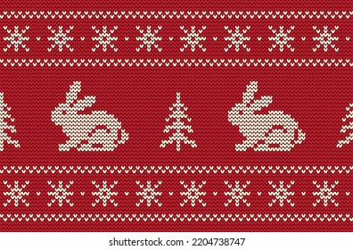 Knitted pattern with rabbits and christmas trees on a red background. Christmas background. Seamless border. 2023 Year of the Rabbit. Ornament. Vector illustration