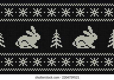 Knitted pattern with rabbits and christmas trees on a black background. Christmas background. Seamless border. 2023 Year of the black Rabbit. Ornament. Vector illustration
