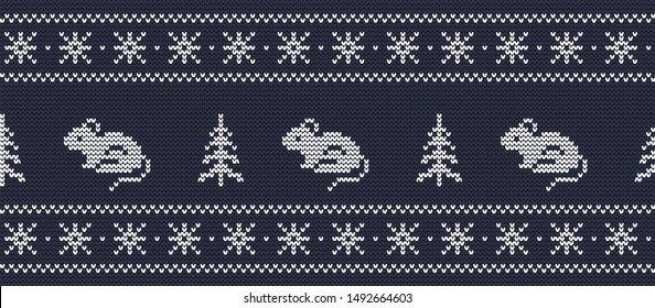 Knitted pattern with rats in blue and white colors. Ornament. Border. Seamless sample. It can be used as a background to the New Year 2020. Rat year. Vector illustration