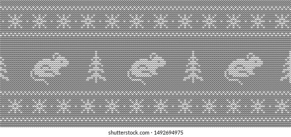 Knitted pattern with rats in gray and white colors. Ornament. Border. Seamless sample. It can be used as a background to the New Year 2020. Rat year. Vector illustration