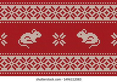 Knitted pattern with rats in red and white colors. Ornament. Border. Seamless sample. It can be used as a background to the New Year 2020. Rat year. Vector illustration.