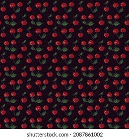 Knitted pattern with red cherries on a dark background. Seamless vector pattern. Illustration for use with textiles, backgrounds, children's items, postcards.