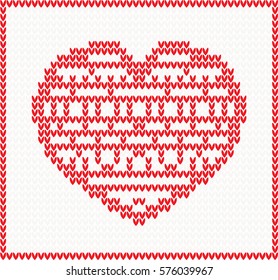 Knitted Pattern with Red Heart. Christmas and Valentine's Day Concept.