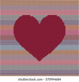 Knitted pattern with red heart for Valentines day design